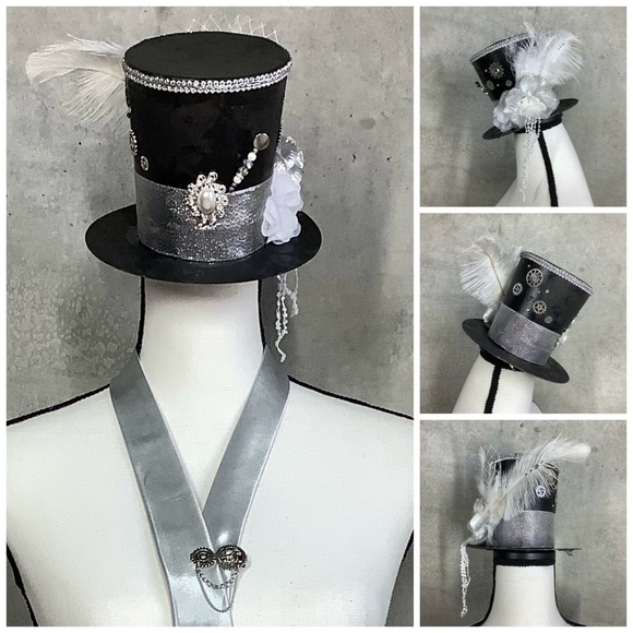 🌺 STEAMPUNK COSTUME MINI TOP HAT TIE CLIP SET COSPLAY GRAY SILVER BUNDLE PARTY - Picture 9 of 12